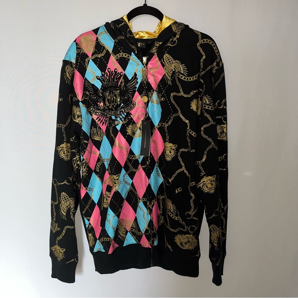NWT CHRISTIAN AUDIGIER Gold Skull Chain Crown Crest Argyle Zip Hoodie Jacket 2XL